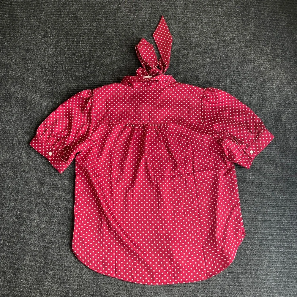 LOFT Polka Dot Blouse Womens Small Red White Tie Neck Puff Sleeve Button Up NEW